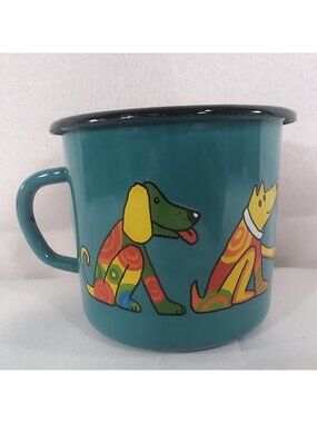 Smaltum Mug Dogs Colorful Multi Teal Blue Czech Enamelware Coffee Cup Prague Dog